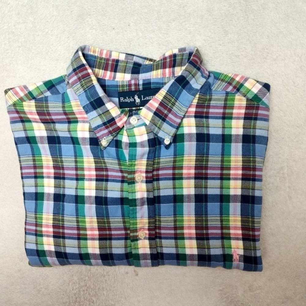 Ralph Lauren Shirt Men Big 2XB Blue Plaid Oxford Button-Up Classic Flannel OCBD